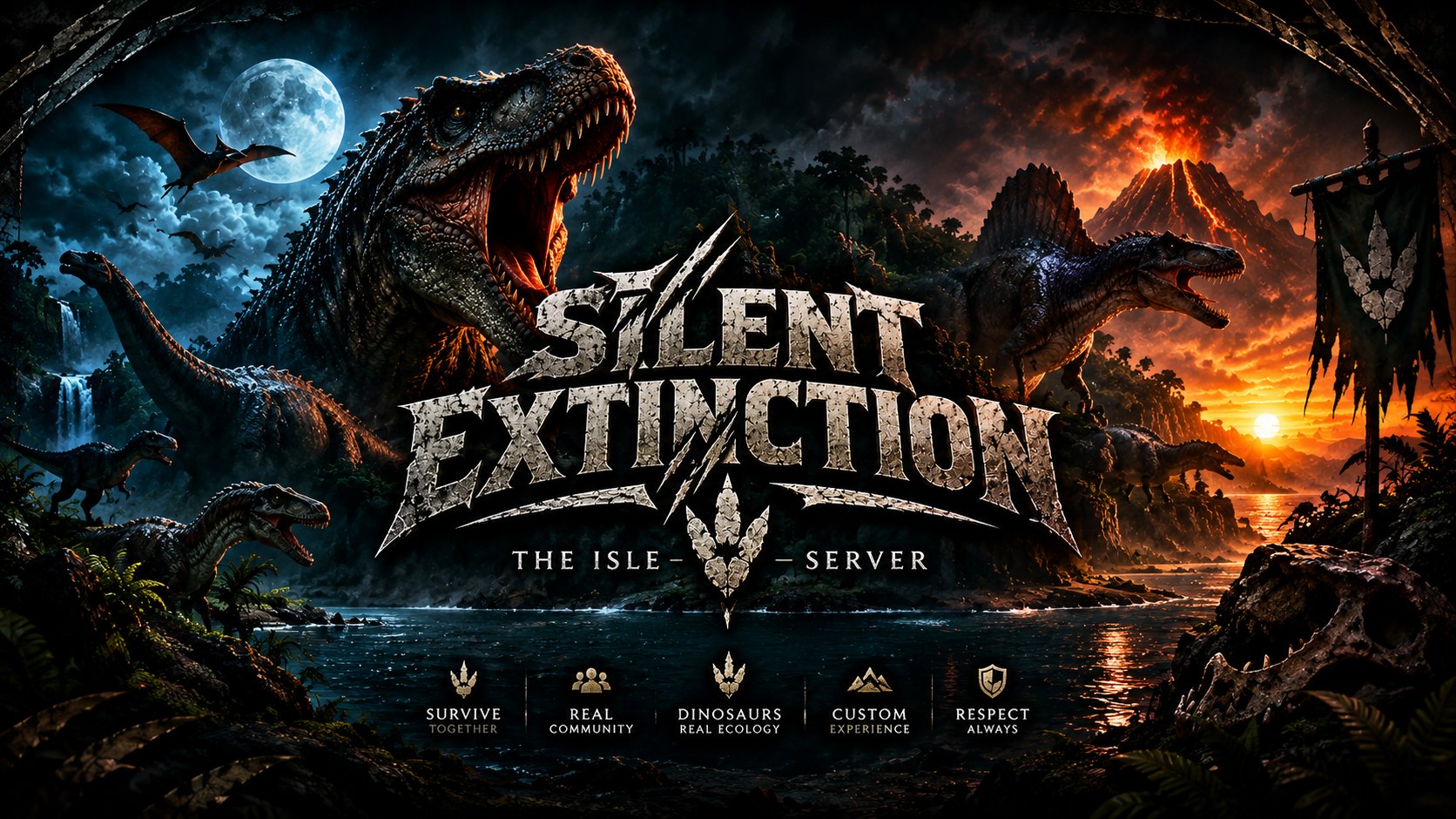 Dinosaurios en la isla al anochecer